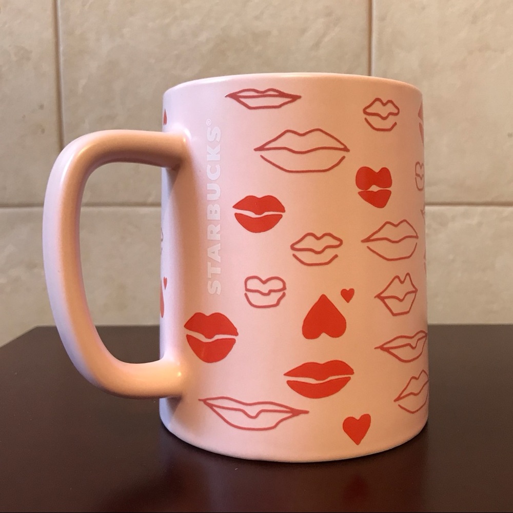 NEW STARBUCKS MUG VALENTINE KISS HEART LIPS Pink Red Coffee Tea Ceramic 14 oz